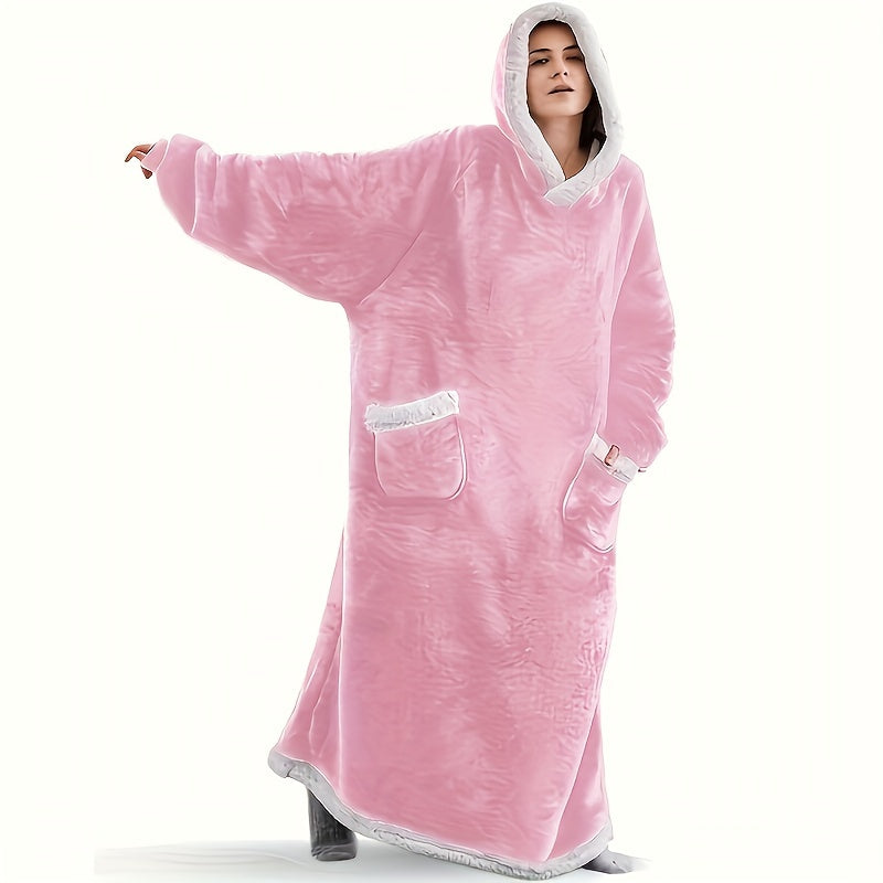 Wearable Blanket Robe | Extra Long Hooded Flannel With Vertical Pockets, Polyester