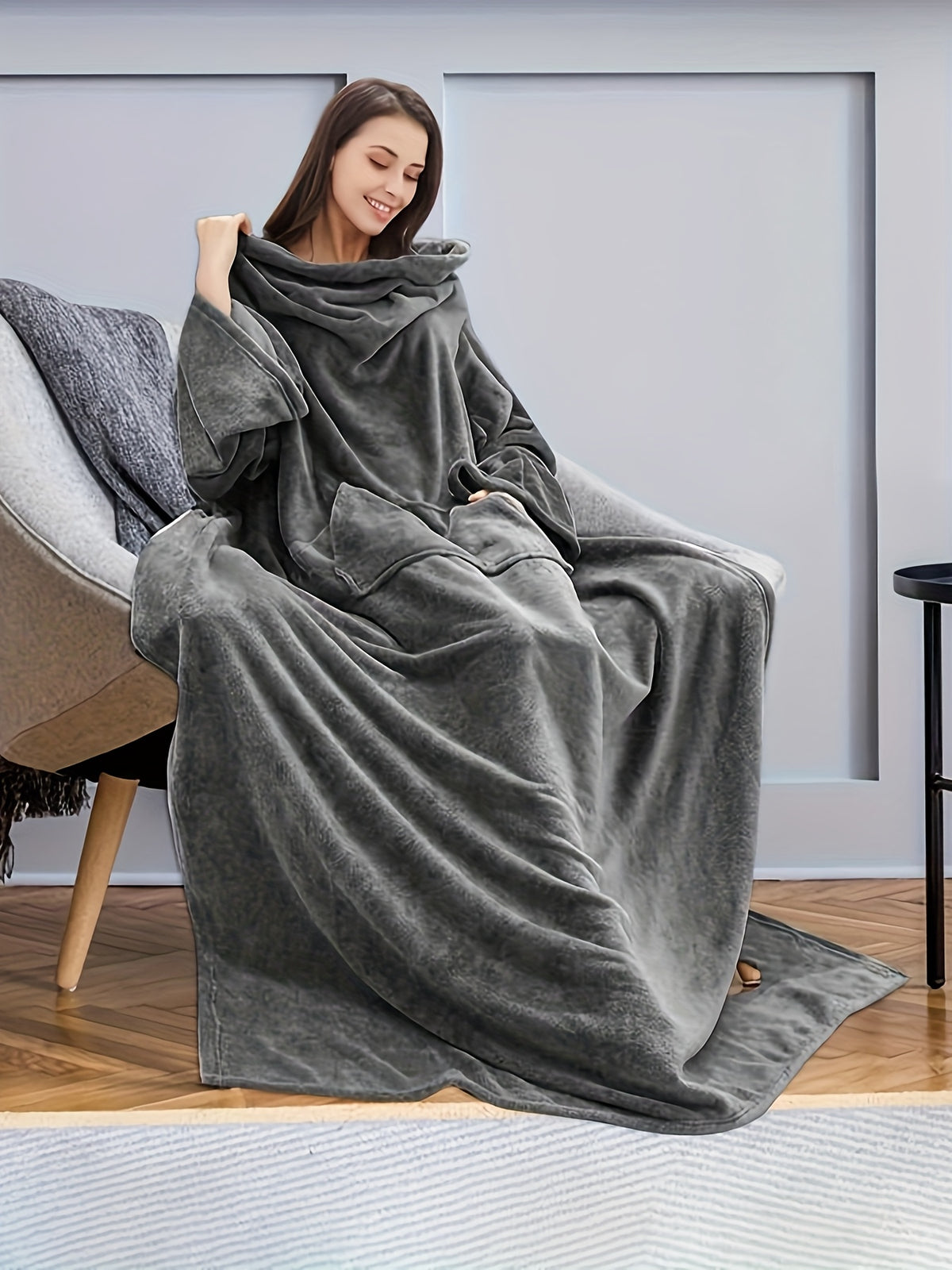 Wearable Blanket Wrap | Sleeved Loose Fit, Polyester Knit, Dark Gray