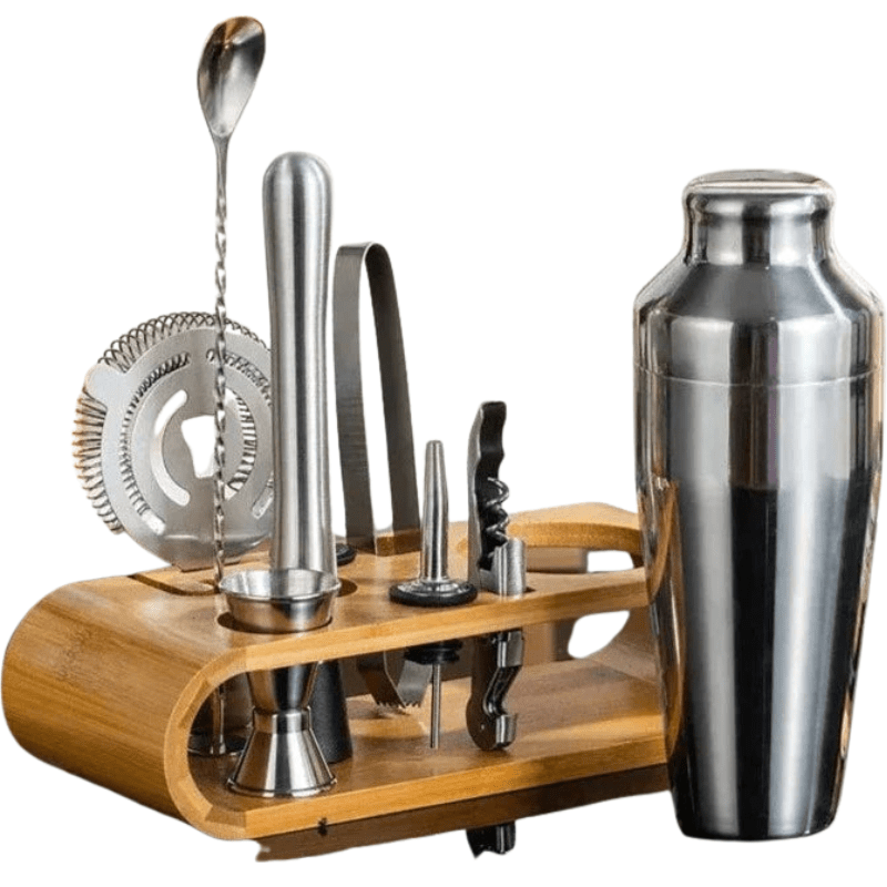 Silver 10-piece cocktail shaker set with tools beside a bamboo storage stand.