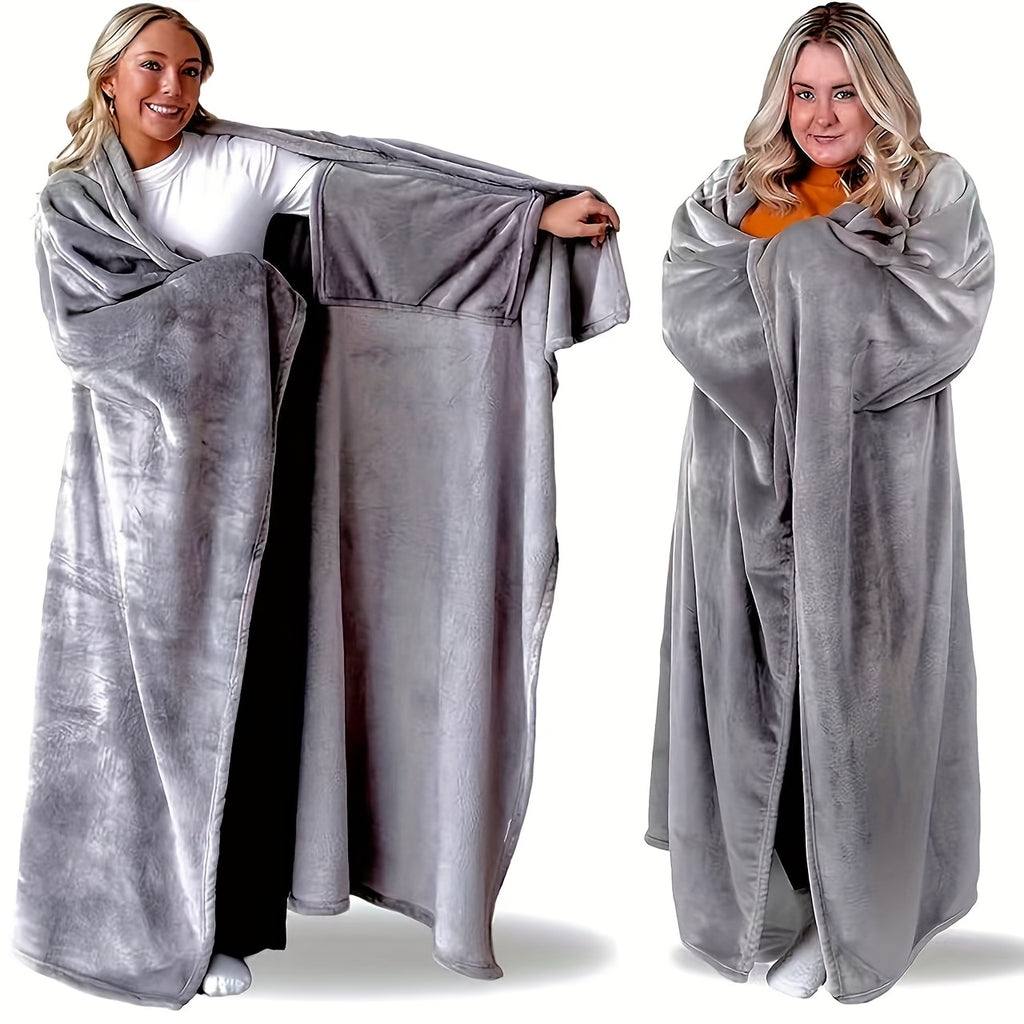 Wearable Blanket | Long Flannel Design With Double Pockets, Polyester, Multiple Colors