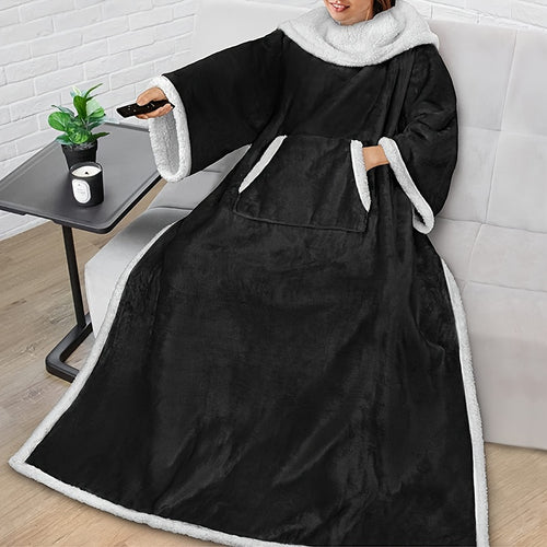 Couverture télé à porter | Manches et poche avant, flanelle en polyester, noire ou bleue