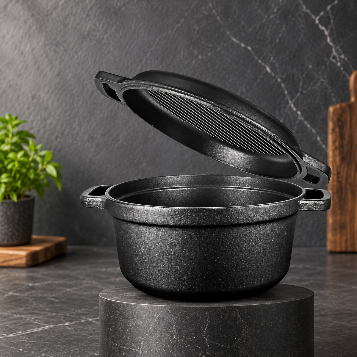 Black cast iron Dutch oven with lid tilted to show interior