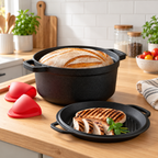 Cast iron Dutch oven and ridged skillet lid with prepared food