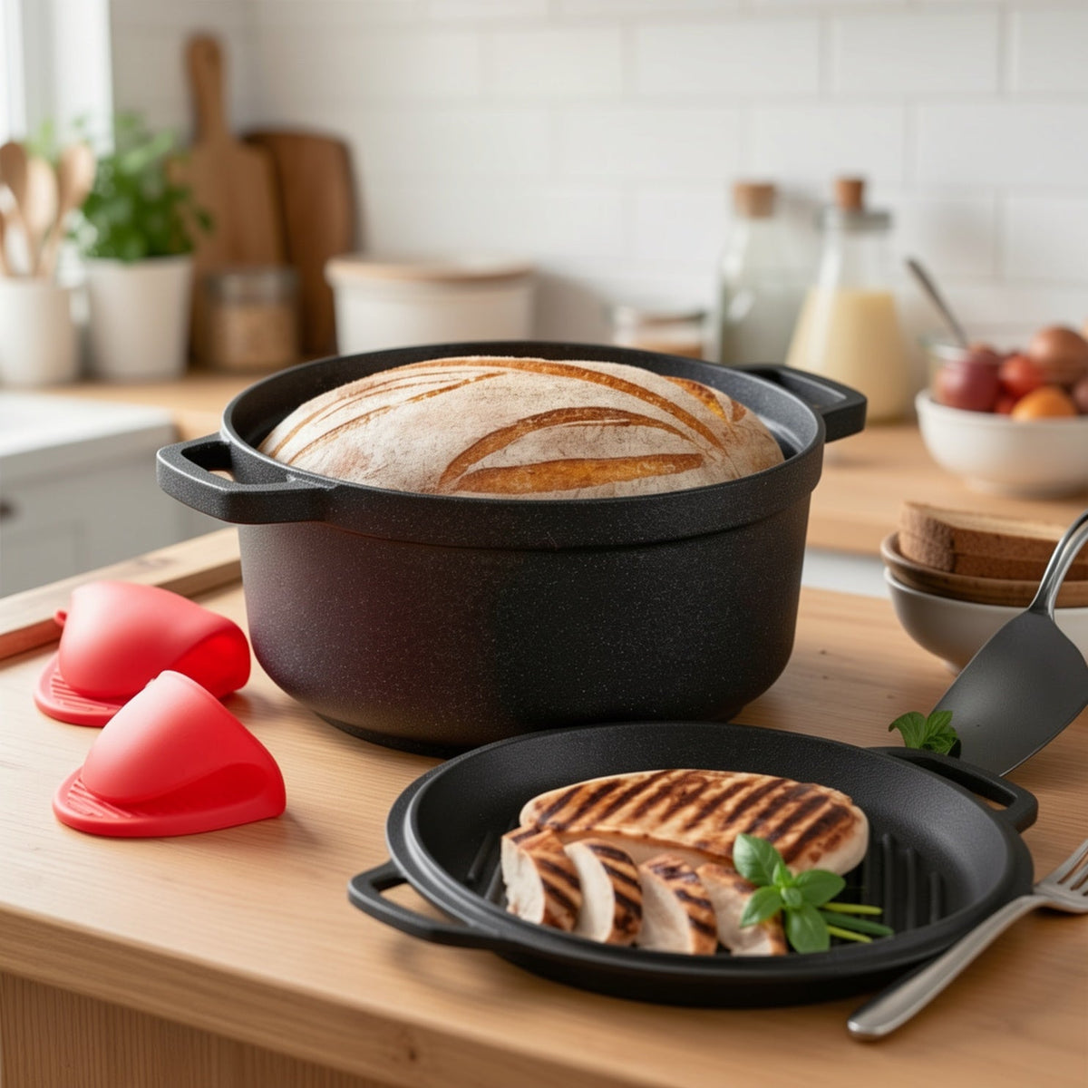 Black cast iron Dutch oven and ridged lid with food