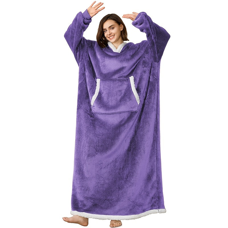 Wearable Blanket Robe | Extra Long Hooded Flannel Design, Polyester, Multiple Colors