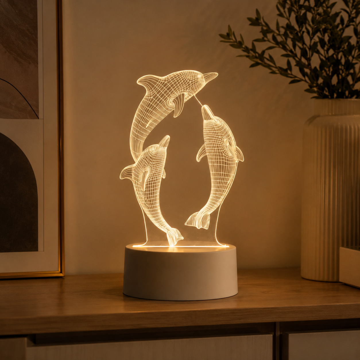 A 3D LED light lamp featuring three dolphins in a warm glowing wireframe design, set on a wooden table in a cozy room next to a framed picture and a vase.