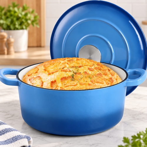 Blue 3 quart Dutch oven with cream interior and prepared food