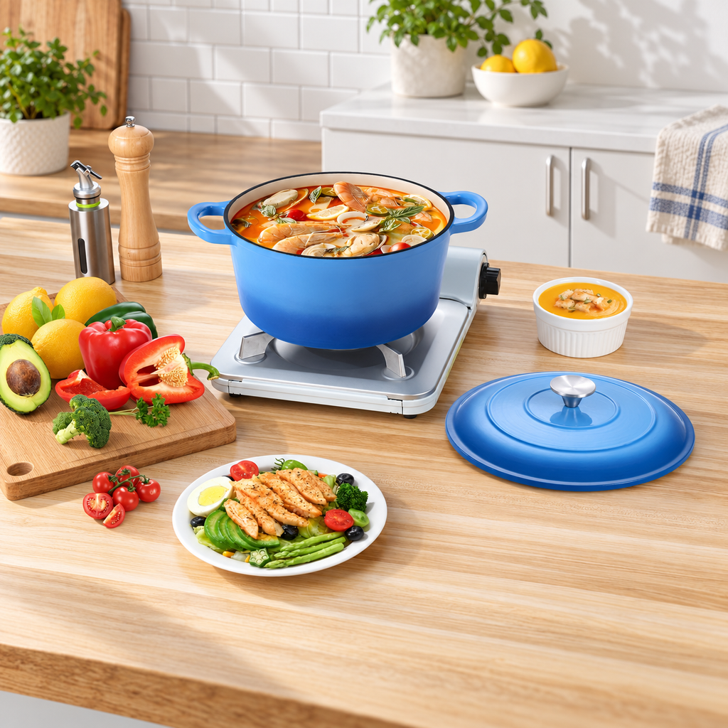 Blue enameled Dutch oven cooking on a stovetop