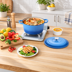 Blue enameled Dutch oven cooking on a stovetop