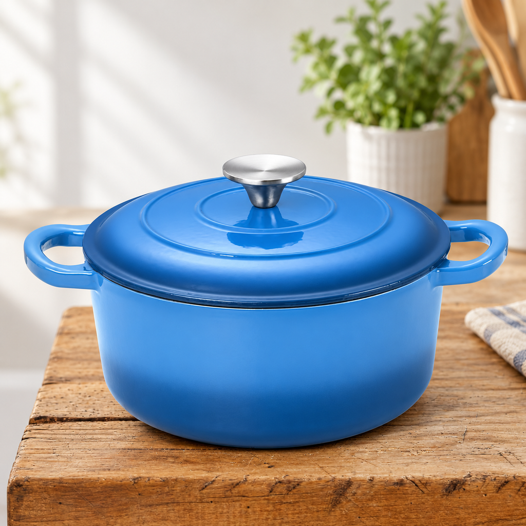 Blue 3 quart Dutch oven with closed matching lid