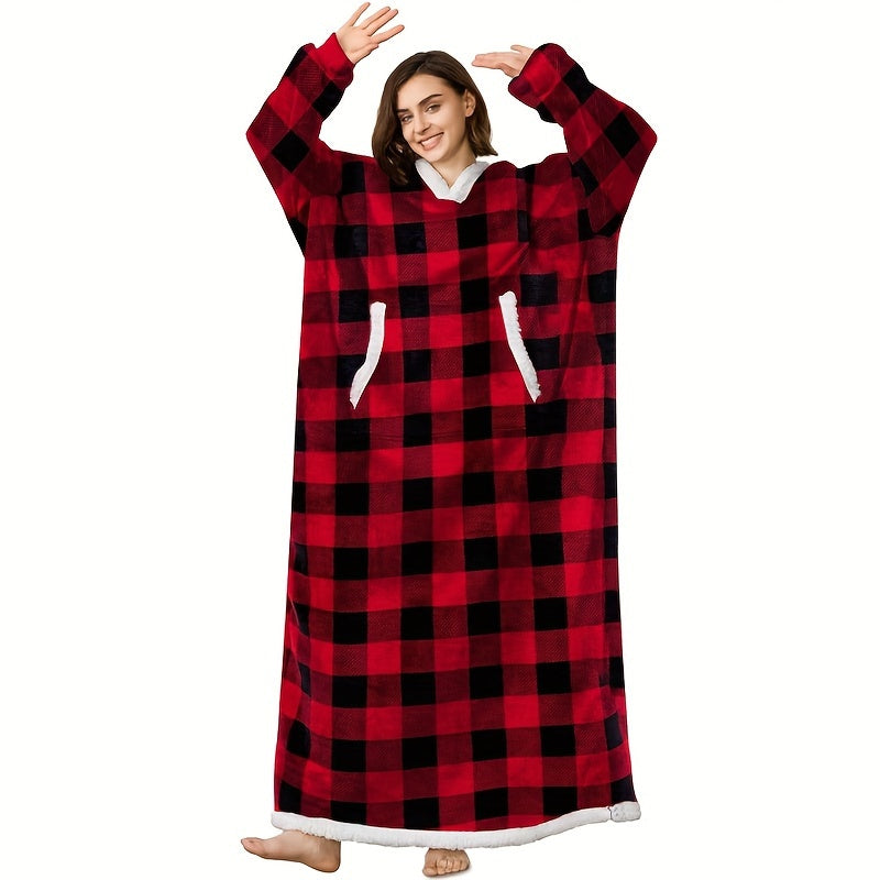 Wearable Blanket Robe | Extra Long Hooded Flannel Design, Polyester, Multiple Colors