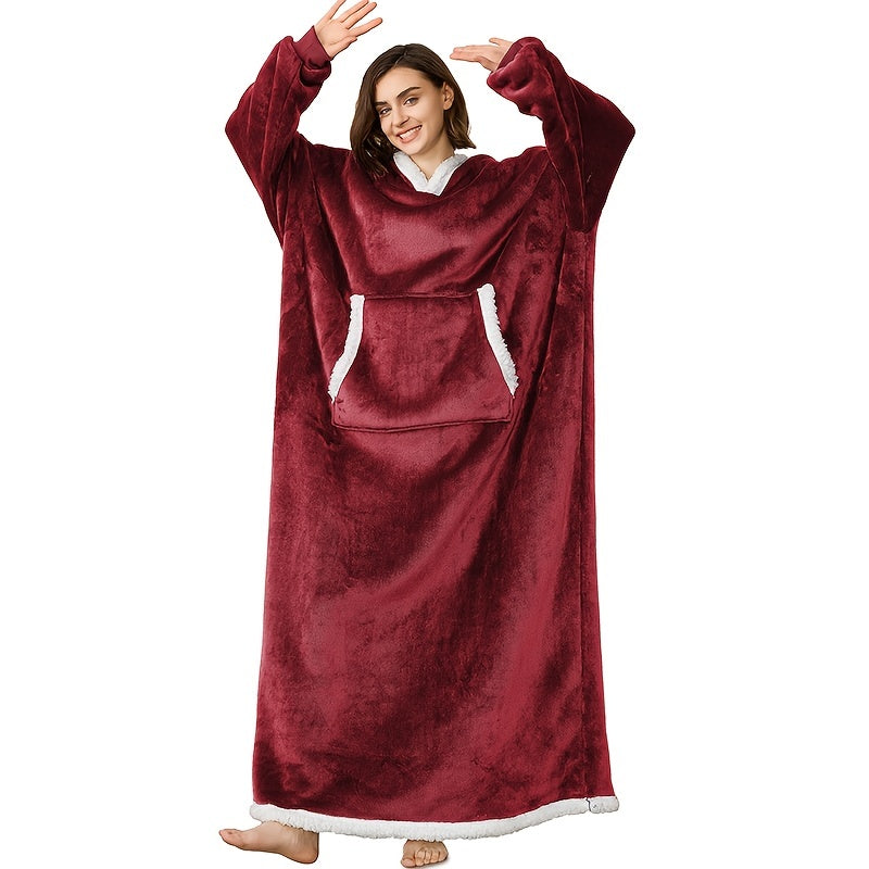 Wearable Blanket Robe | Extra Long Hooded Flannel Design, Polyester, Multiple Colors