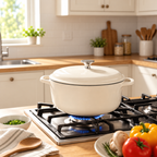 Beige 6 quart enameled cast iron Dutch oven with matching lid
