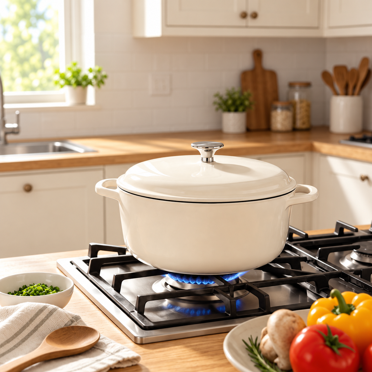 Beige 6 quart enameled cast iron Dutch oven with matching lid