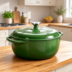 Green 6 quart enameled cast iron Dutch oven with lid