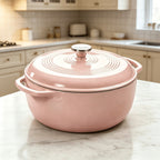 Pink Dutch oven on a marble kitchen counter
