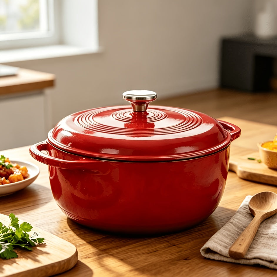 Red Dutch oven on a marble kitchen counter