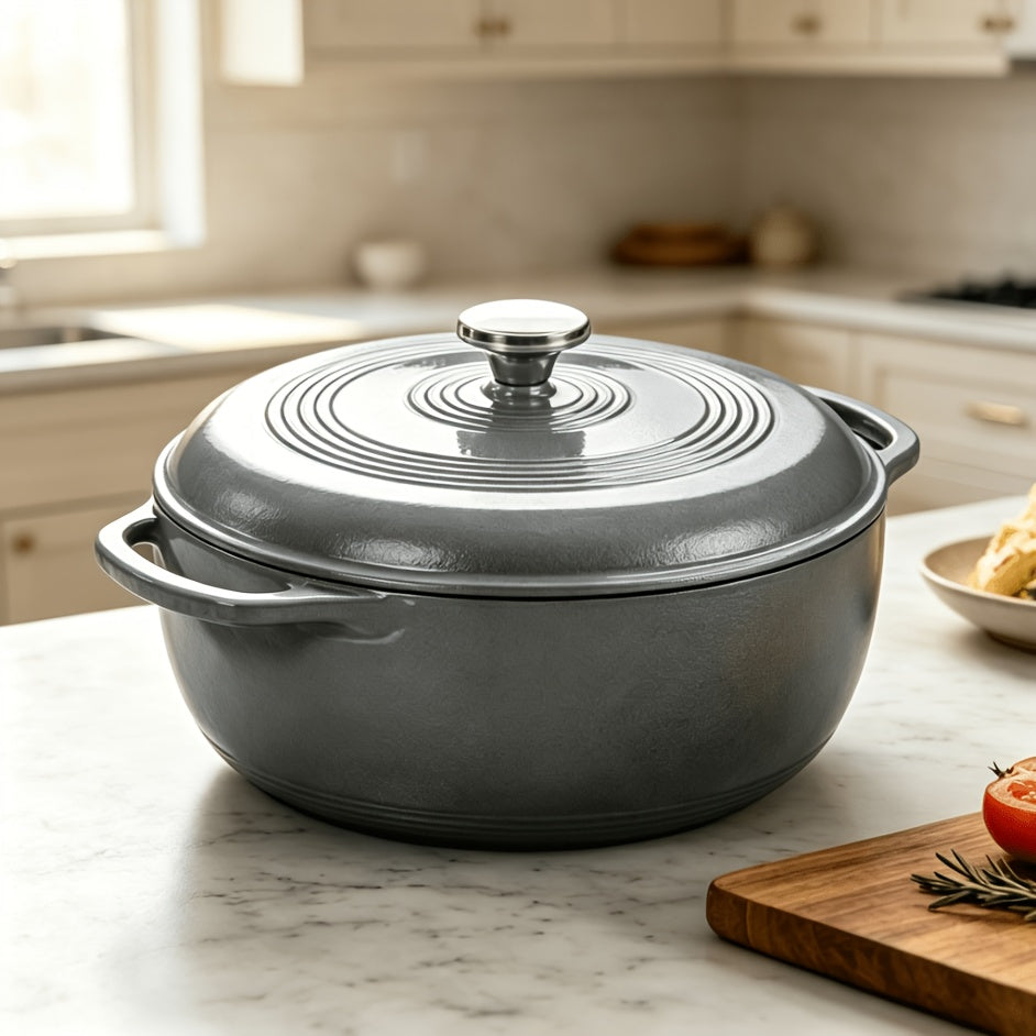 Gray Dutch oven on a marble kitchen counter