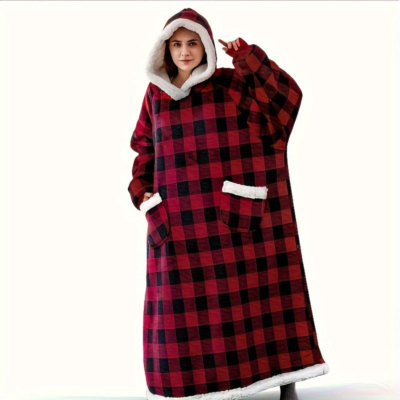 Wearable Blanket Robe | Extra Long Hooded Flannel With Vertical Pockets, Polyester