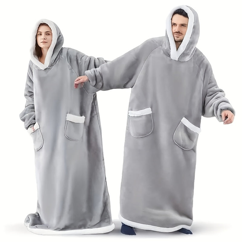 Wearable Blanket Robe | Extra Long Hooded Flannel With Vertical Pockets, Polyester