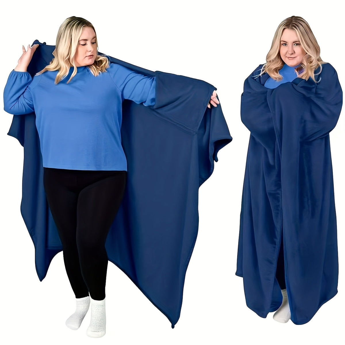 Wearable Blanket | Long Flannel Design With Double Pockets, Polyester, Multiple Colors