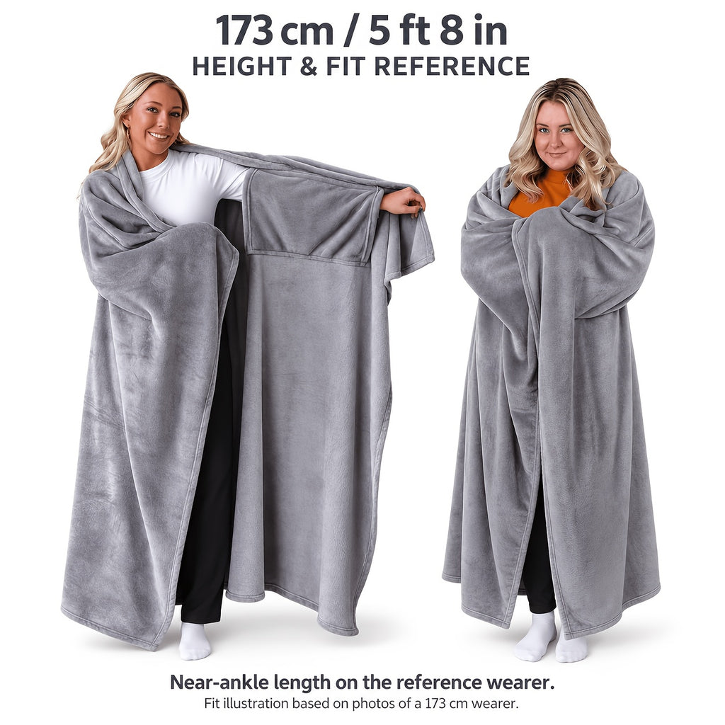 Wearable Blanket | Long Flannel Design With Double Pockets, Polyester, Multiple Colors
