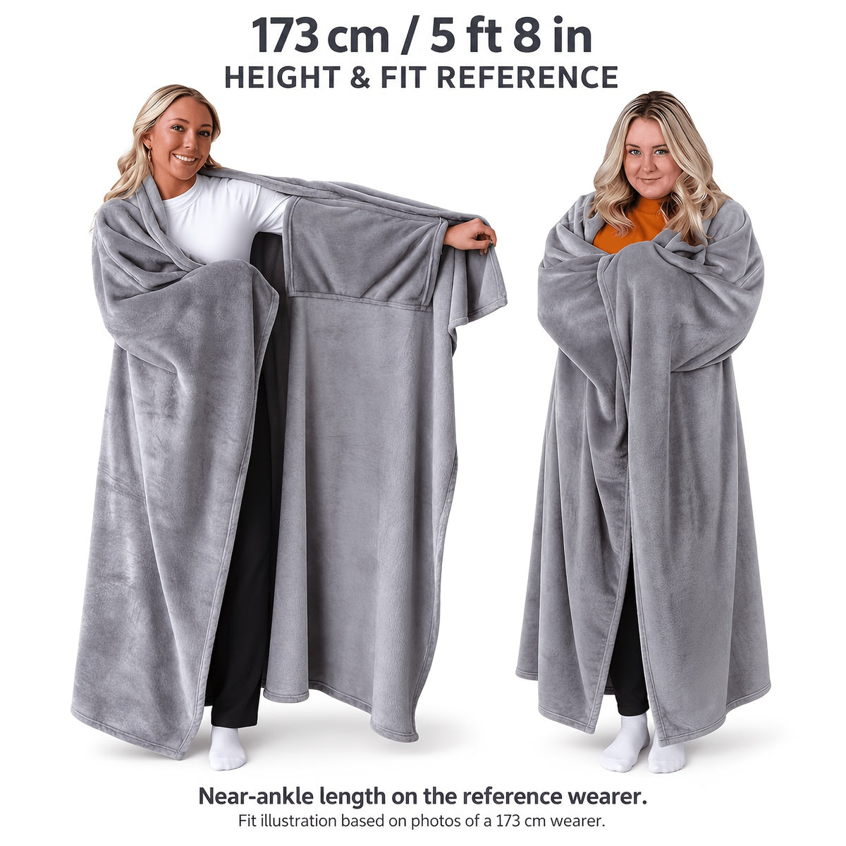Wearable Blanket | Long Flannel Design With Double Pockets, Polyester, Multiple Colors