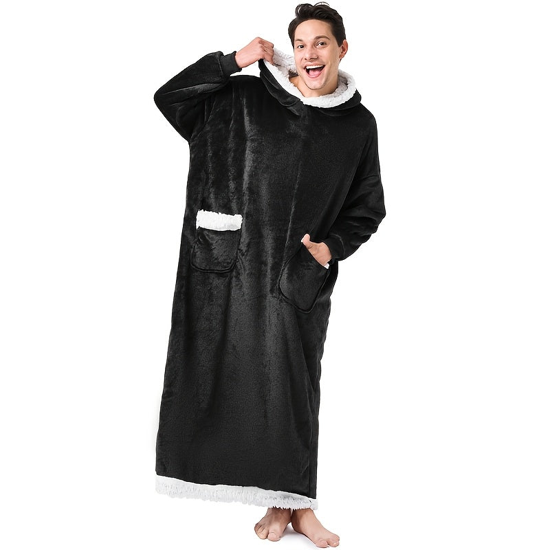 Wearable Blanket Robe | Extra Long Hooded Flannel With Vertical Pockets, Polyester