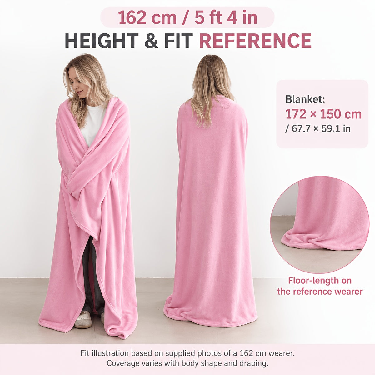 Wearable Blanket | Long Flannel Design With Double Pockets, Polyester, Multiple Colors