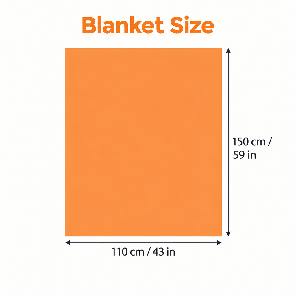 Khaki acrylic knit throw blanket size diagram showing 43 by 59 inches or 110 by 150 centimeters