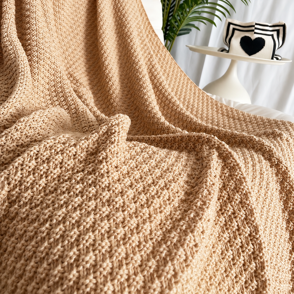 Khaki acrylic knit throw blanket close up showing raised pebbled stripes and ribbed bands