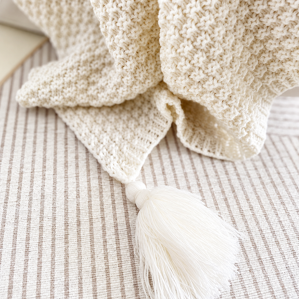 Beige acrylic knit throw blanket close up showing pebbled stitches and a corner tassel