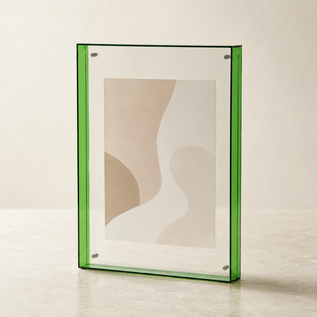 Green acrylic photo frame stands upright on a pale surface with a simple abstract print.