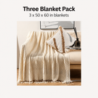 Beige acrylic throw blanket three pack information showing three 50 by 60 inch blankets