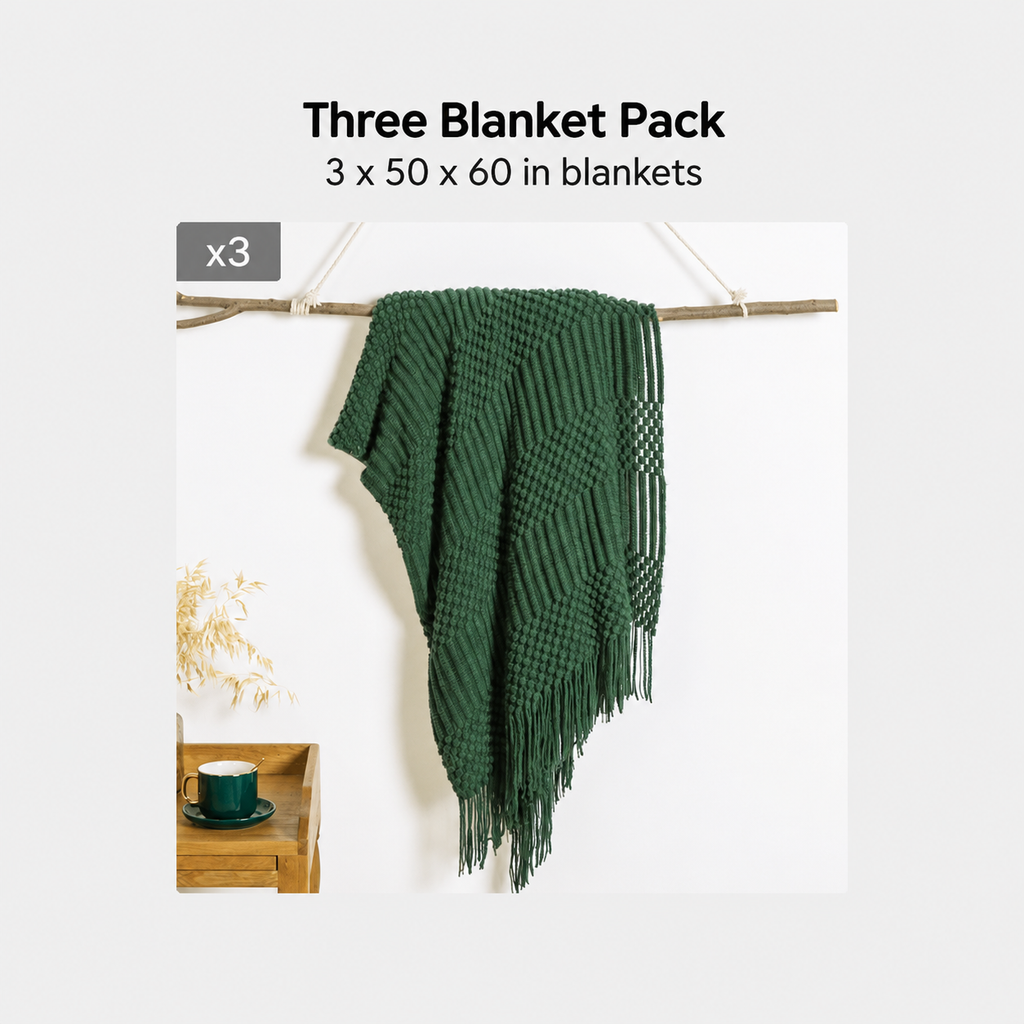 Green acrylic throw blanket three pack information showing three 50 by 60 inch blankets