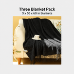 Black acrylic throw blanket three pack information showing three 50 by 60 inch blankets