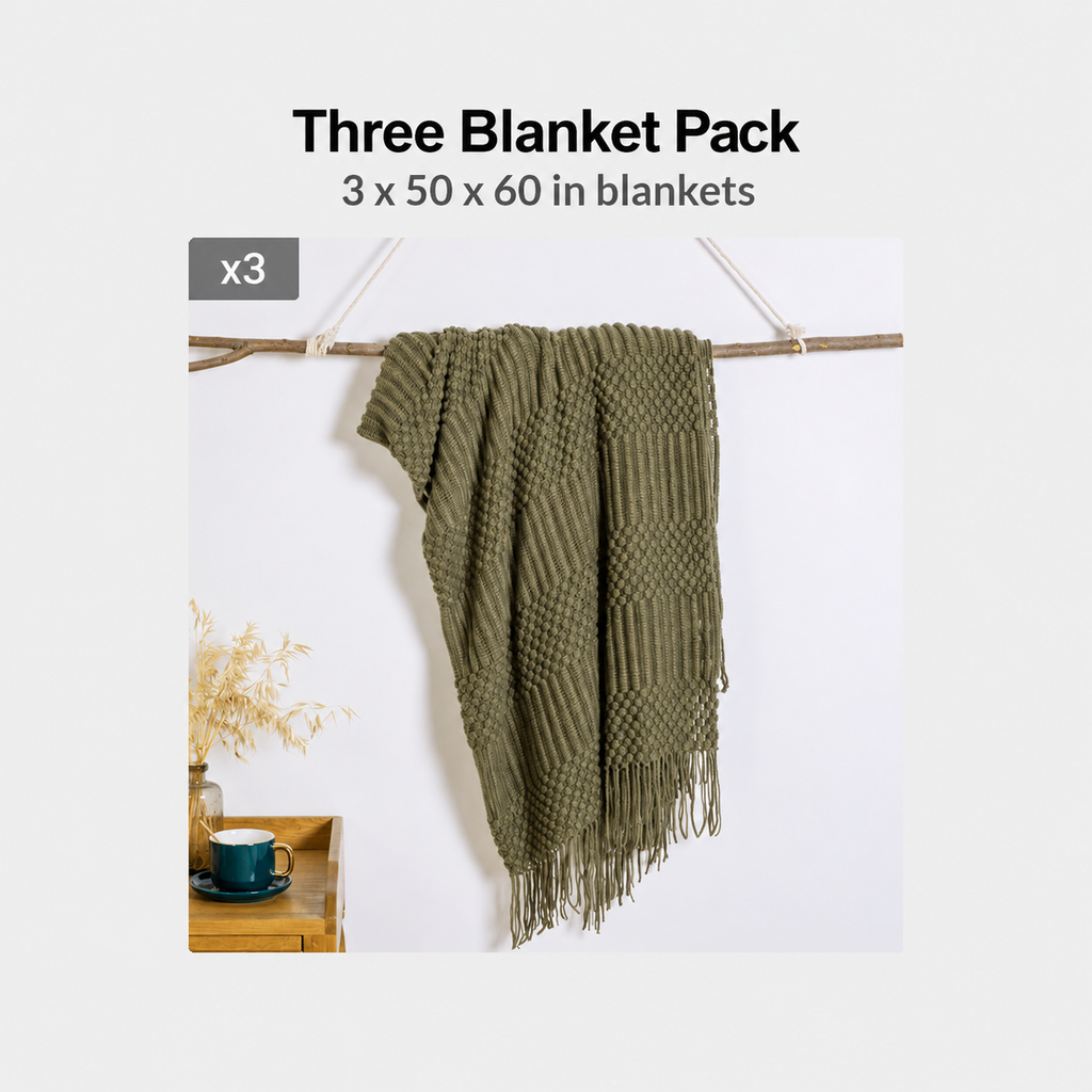 Olive acrylic throw blanket three pack information showing three 50 by 60 inch blankets