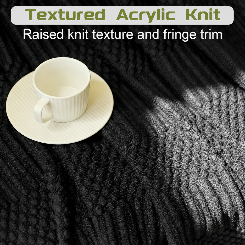 Black acrylic throw blanket close up with textured knit information
