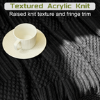Black acrylic throw blanket close up with textured knit information