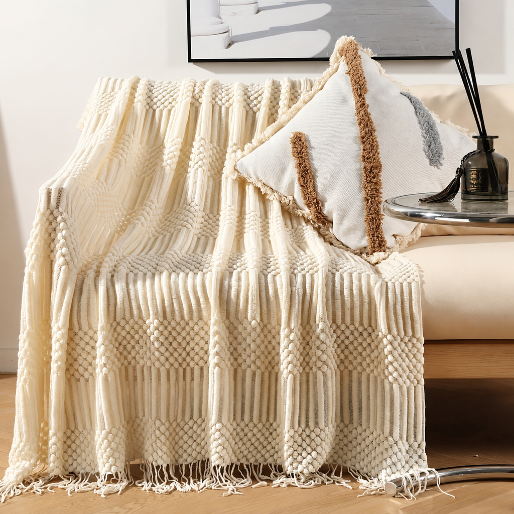 Beige textured acrylic knit throw blanket draped over a cream chair