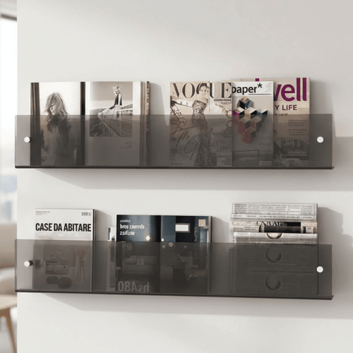 Wall-mounted acrylic magazine rack for organized storage, lifestyle view.