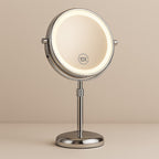 Silver adjustable height makeup mirror with LED light