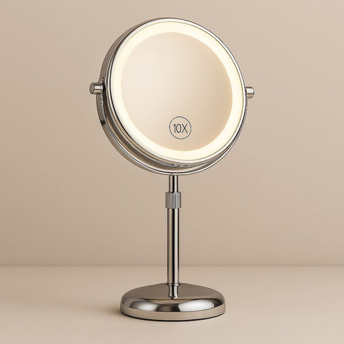 Silver adjustable height makeup mirror with LED light