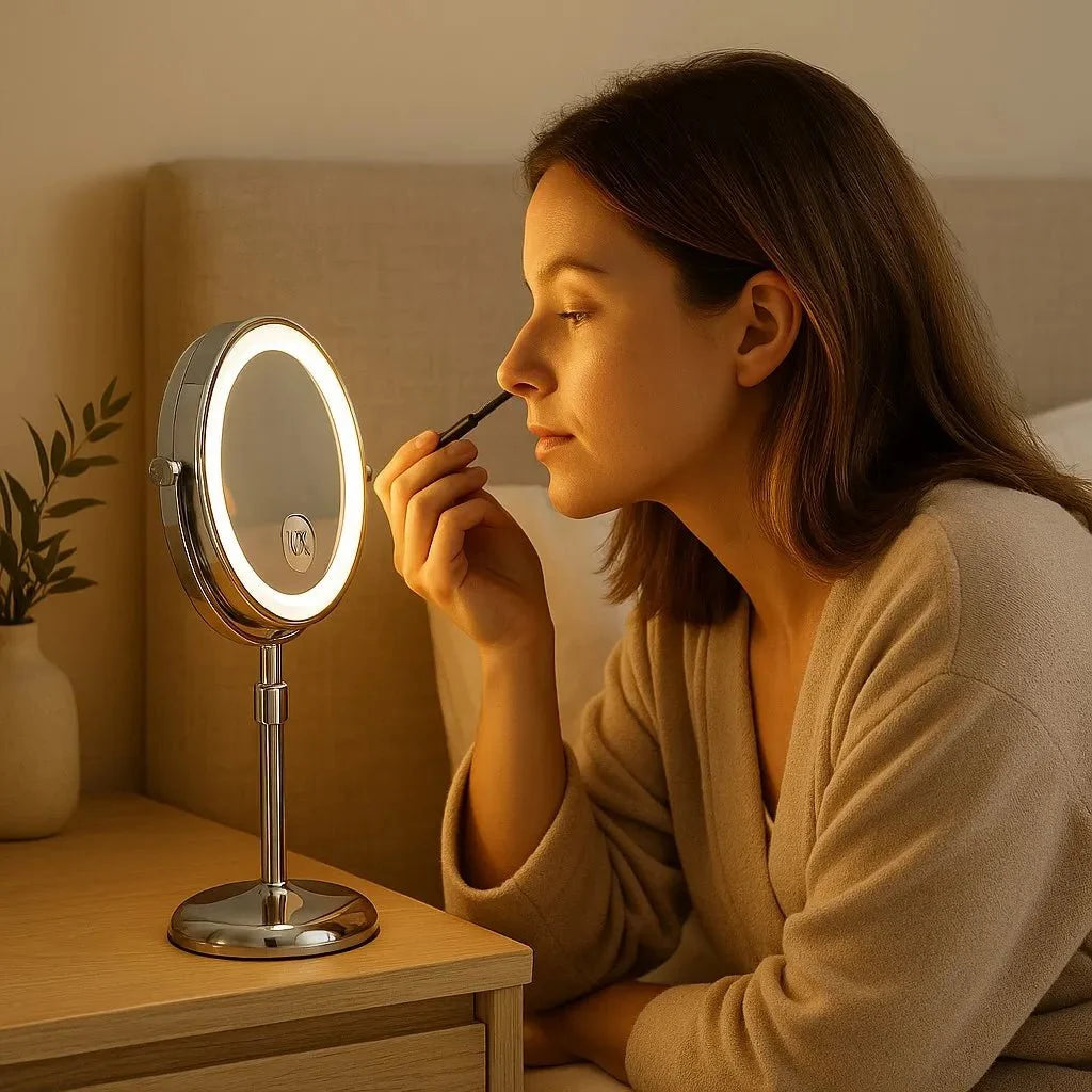 Rechargeable mirror showing adjustable telescoping stand