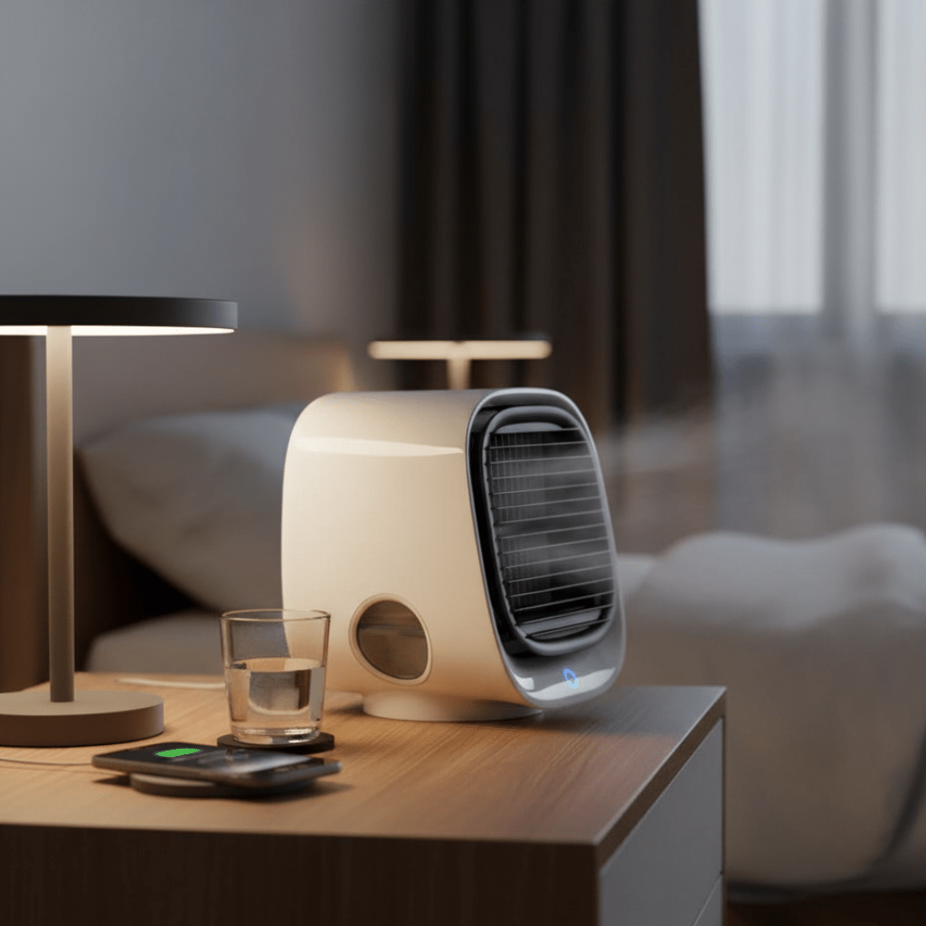 Air cooler and humidifier in white placed on a bedside table beside a glass of water.