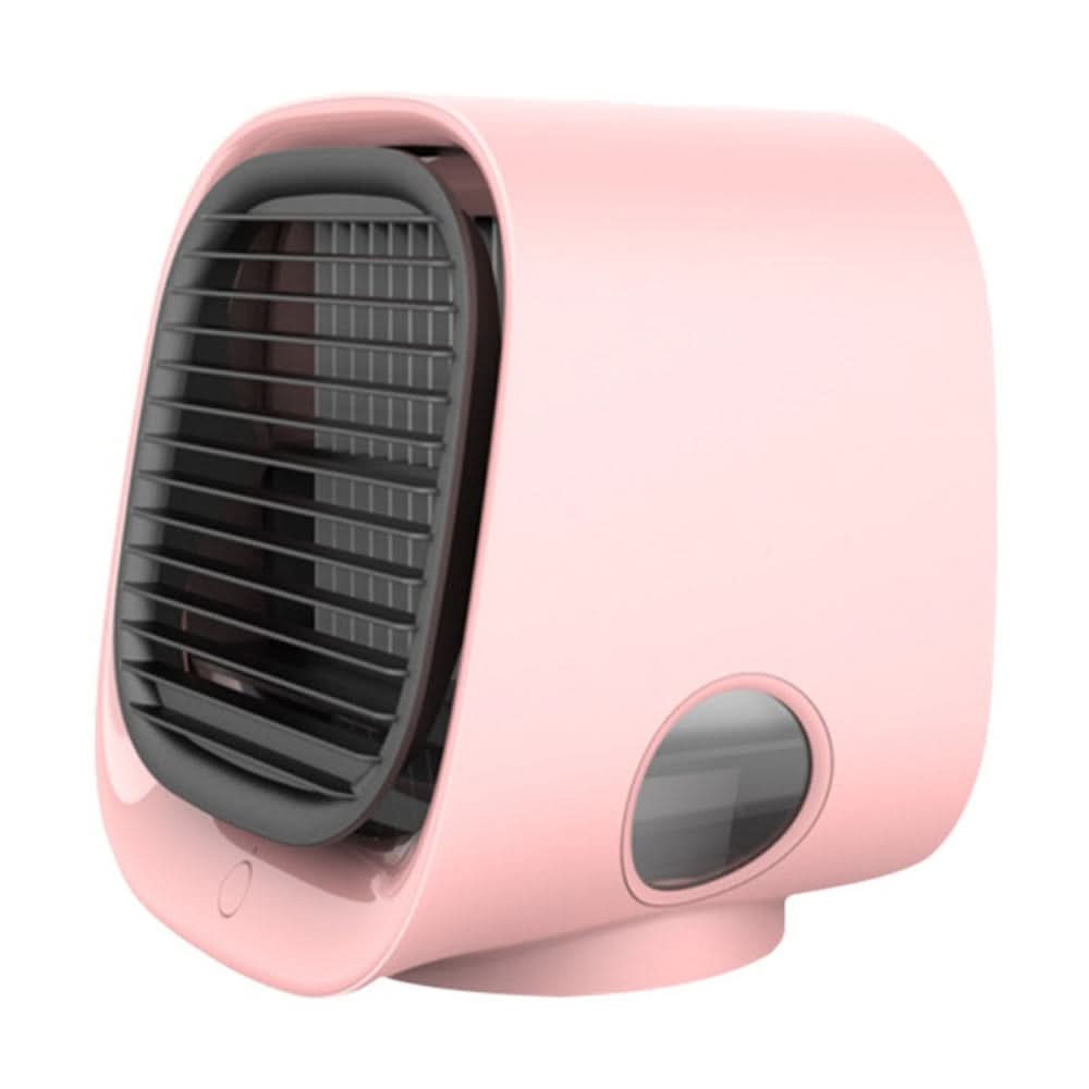 Air cooler and humidifier in pink shown from the front with black vent slats.