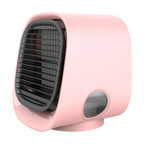 Air cooler and humidifier in pink shown from the front with black vent slats.
