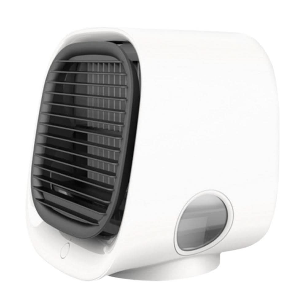 Air cooler and humidifier in white shown from the front with black vent slats.