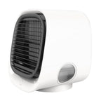 Air cooler and humidifier in white shown from the front with black vent slats.