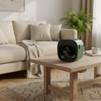 Air cooler and humidifier in green placed on a coffee table in a bright living room.